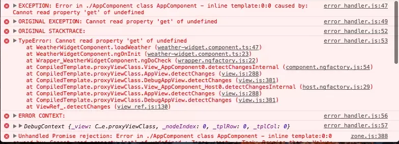 Developer tools showing a console with a lot of errors