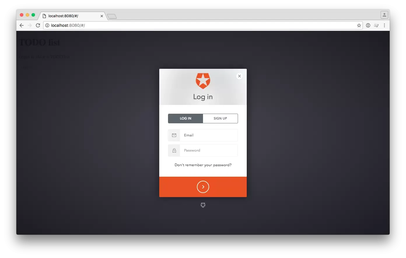 Login popup shown when user clicks on login button